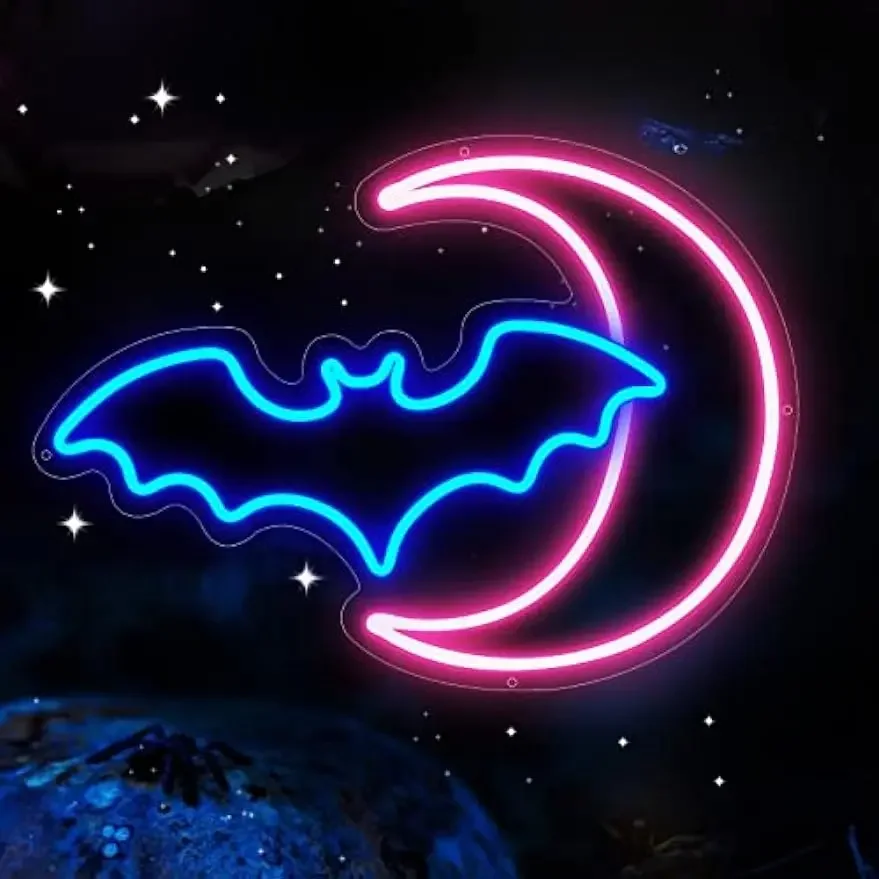 

Bat and Moon LED Neon Lights Pink Blue Acrylic Halloween Party Decor Light Wall Kids Room Lights Living Room Home Decoration.