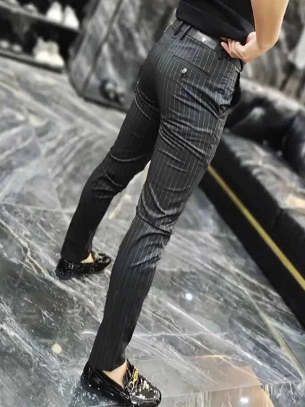 

Busin Sle Slim Fit Men's Pants Striped Faionable Autumn Nine Points Formal Trousers Casual Pants for Young Men