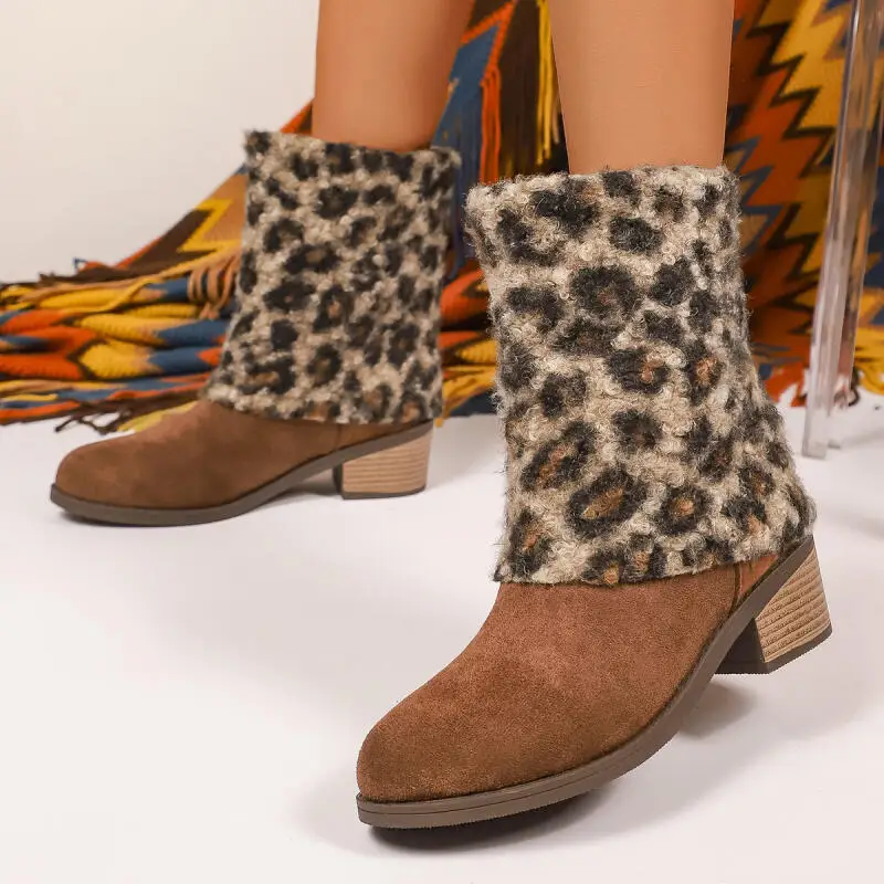 

Leopard Fleece Thick Heel Mid Calf Boots Women Winter Luxury Suede Designer Short Boots Plus Size Botas Shoes Mujer