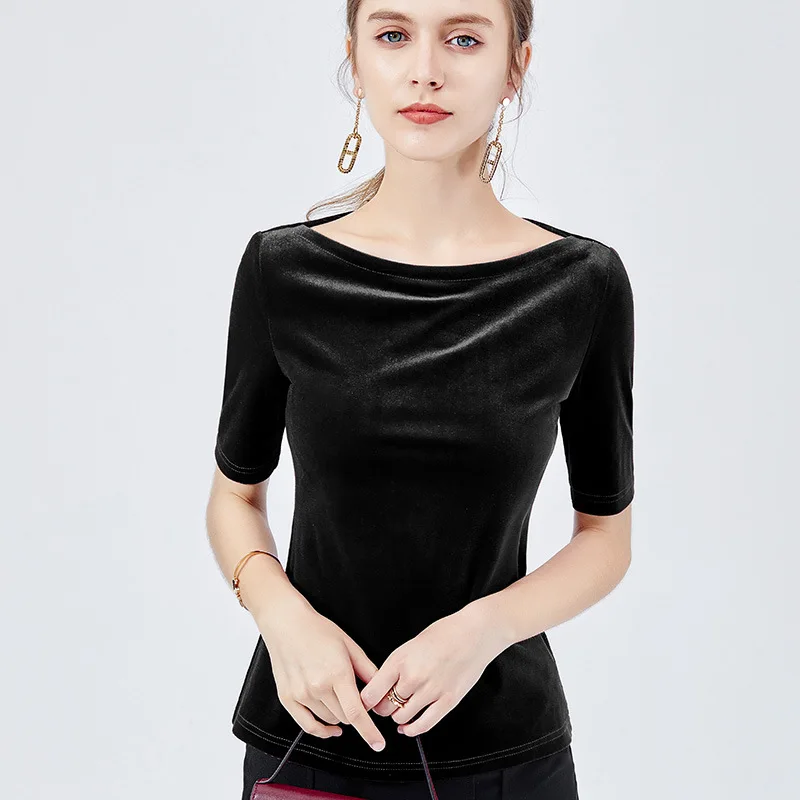 Camiseta de terciopelo de media manga con cuello oblicuo de estilo coreano para mujer de verano y otoño, camisa de terciopelo de talla grande para oficina para mujer
