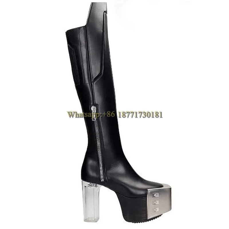 Metal Toe Transparent Heel Knee Boots Rider Boots Women\'s Shoes High Heel Round Toe Side Zipper Tall Boots Spring Autumn Winte