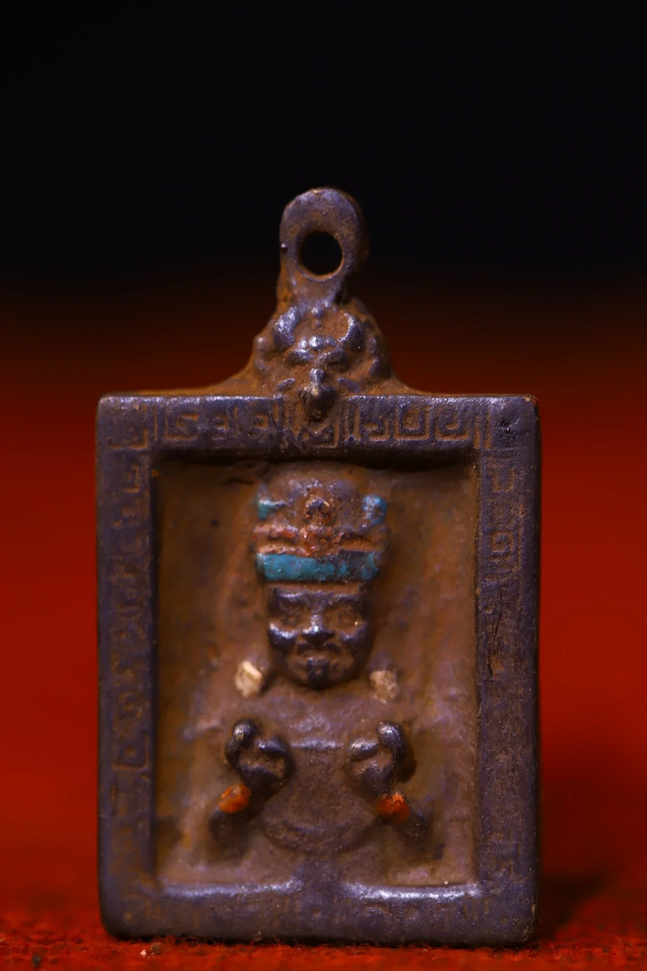 

2"Tibetan Temple Collection Old Bronze Cinnabar Zakiram Buddha Six Word Proverbs Buddha Card Pendant Amulet Town house