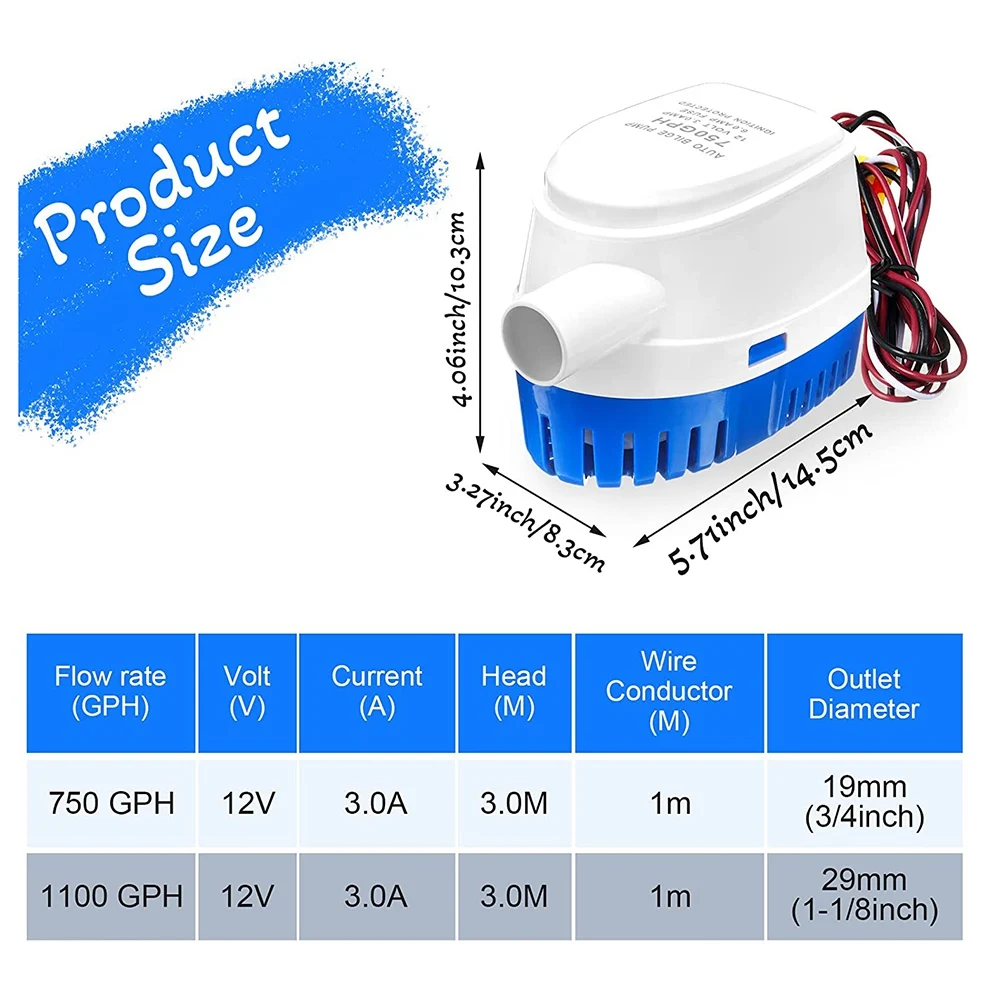 自動ポンプ12V,1100gph,ボート用水中ポンプ,フロートスイッチ付き