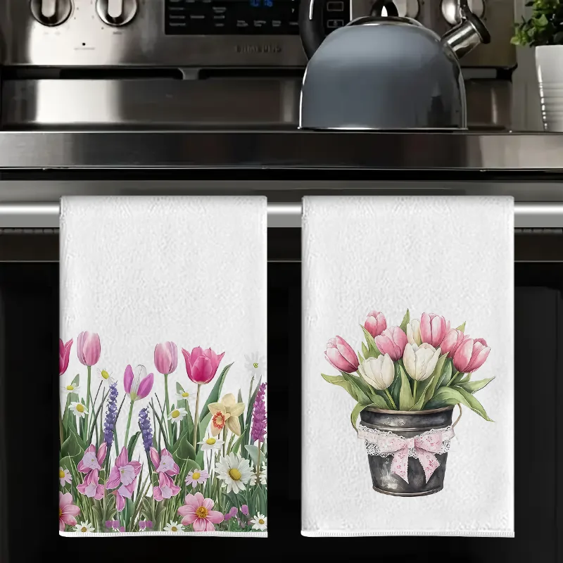 2Pcs, Pink and White Tulip Flower Bucket Kitchen Towels, 40Cm*60Cm Towel Set, Super Absorbent Soft Cleaning Cloth, Cooking Baking Tea Towel, Hand Towel, Cleaning Cloth, Dishcloth, Kitchen Decoration, Living Room Decoration, Kitchen Essentials, Home Essentials