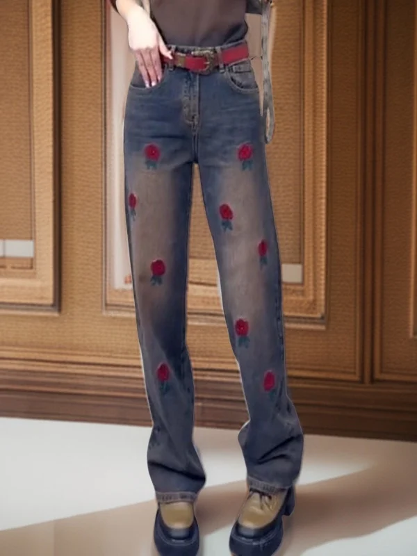 

Retro High Waist Straight Leg Loose Slim Wide Leg Jeans Floral Casual High Waist Denim Pants Women Ele Personali Spring...