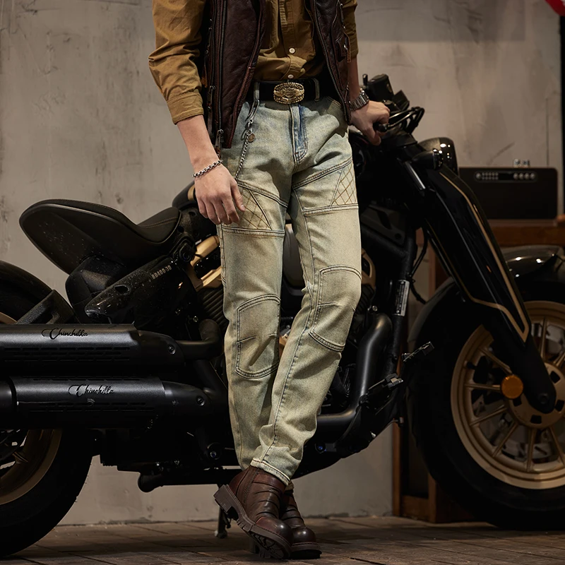 Retro Distressed Street Motorcycle Jeans Men's Stretch Tight Stretch Motorcycle Handsome Slim-Fitting Casual High-End Trousers