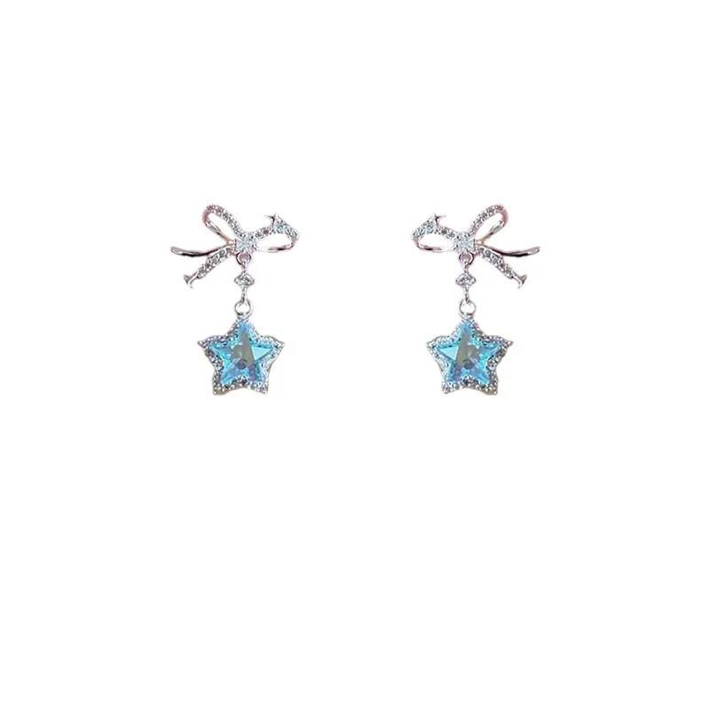 Goth Y2K Vintage Aesthetic Crystal Pentagram Star Bowknot Pendant Earrings For Women Sweet Fantasy Fashion Jewelry Accessories