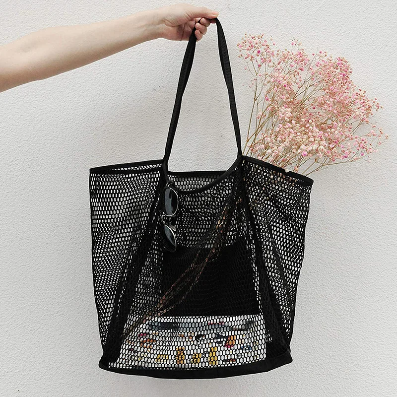 New Spring Summer Solid Color Hollow Mesh Tote Bag Large Capacity Travel Shoulder Tote Bag Daily Beach Swimming Gym Shopping Bag