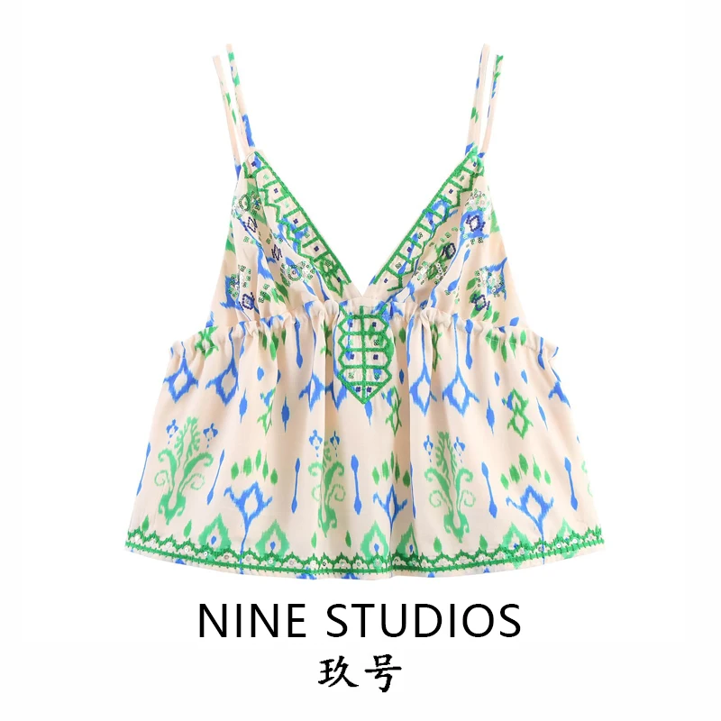 

Casual Printed Beaded Embroidery Tank Top Women's Faion Versatile Quali ort Sve Loose Fit Overhead Plant Floral Design