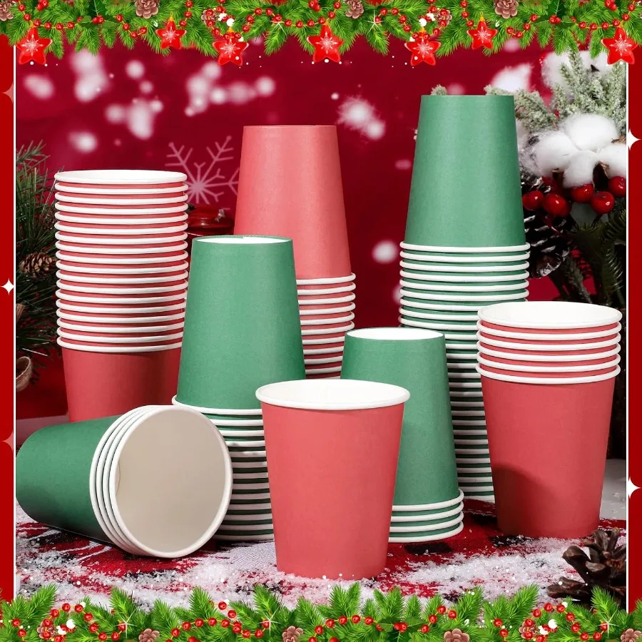 100 Pack Red Green Paper Cups 9oz Christmas Party Cups Bulk Paper Cups Disposable Drinking Cups for Birthday Holiday Christmas