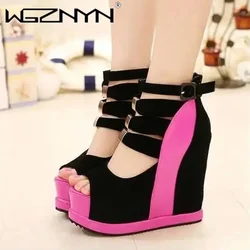 New Flock Ankle Boots Women Sandals Sexy Hollow High Slope with Fish Mouth Single Shoes Thick Bottom Wedges Zapatillas De Mujer