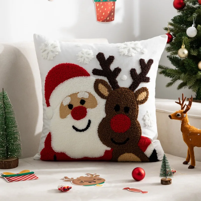 Funda de cojín decorativa, toalla bordada, funda de almohada de Papá Noel, copo de nieve, Navidad, sala de estar, funda de