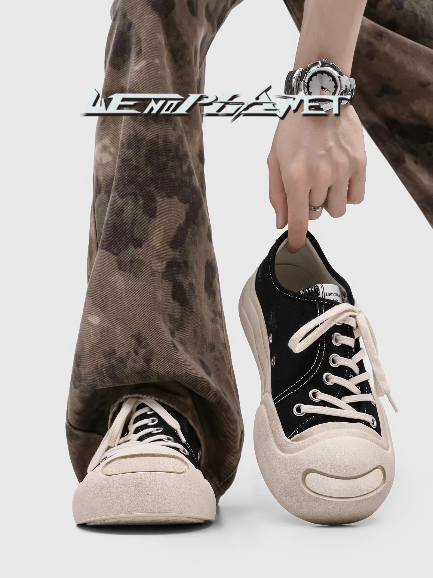 UENO PLANET Unisex Thick Bottom Canvas Slip-On Sports Shoes Casual Leisure Sneakers Black White Daily Wear Outdoor Style