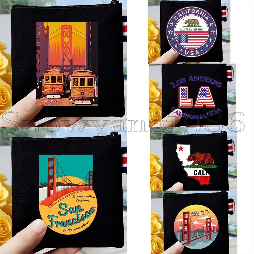 

6PCS Vintage California State Map Bear Flag Golden Gate Bridge Palm Springs San Francisco Canvas Key Coin Purse Bag Wallet Pouch