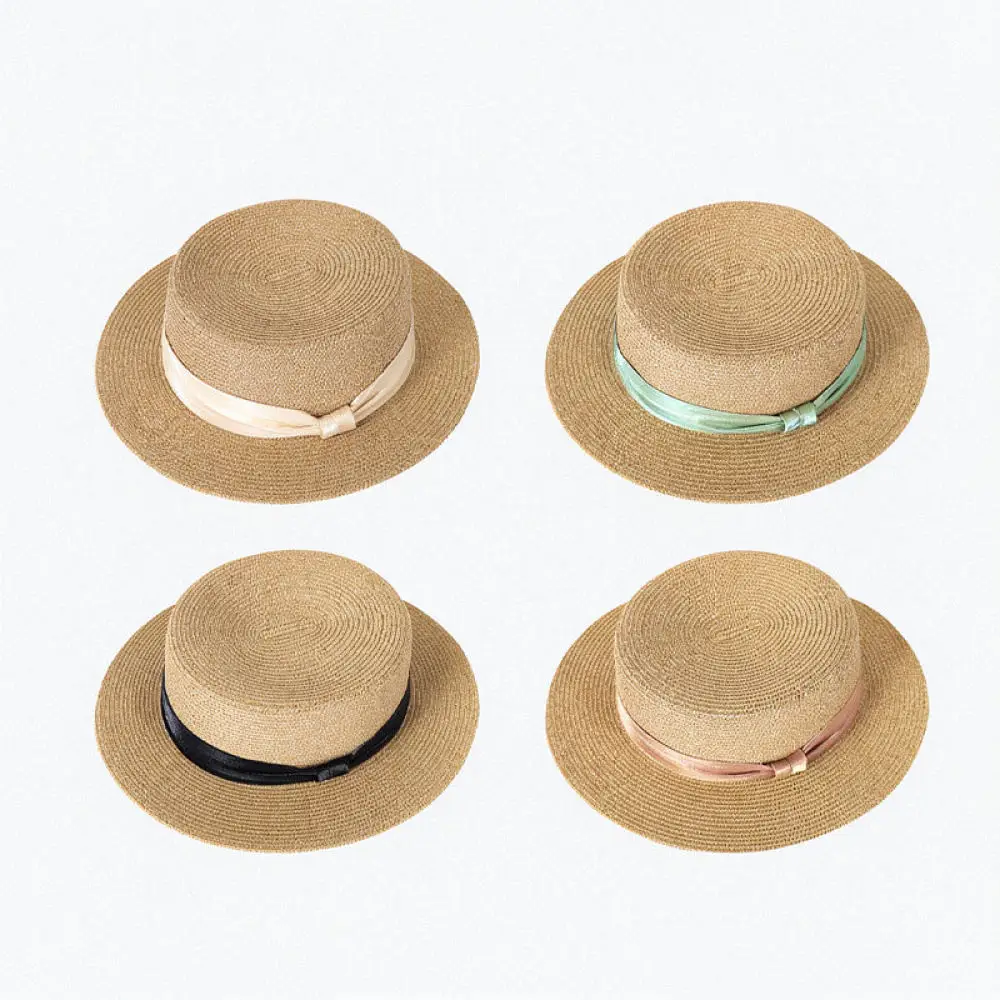 Women Flat Top Straw Hat Summer Beach Cap Satin Ribbon Decorative Sun Protection Outdoor Travel Vacation Style Accessory