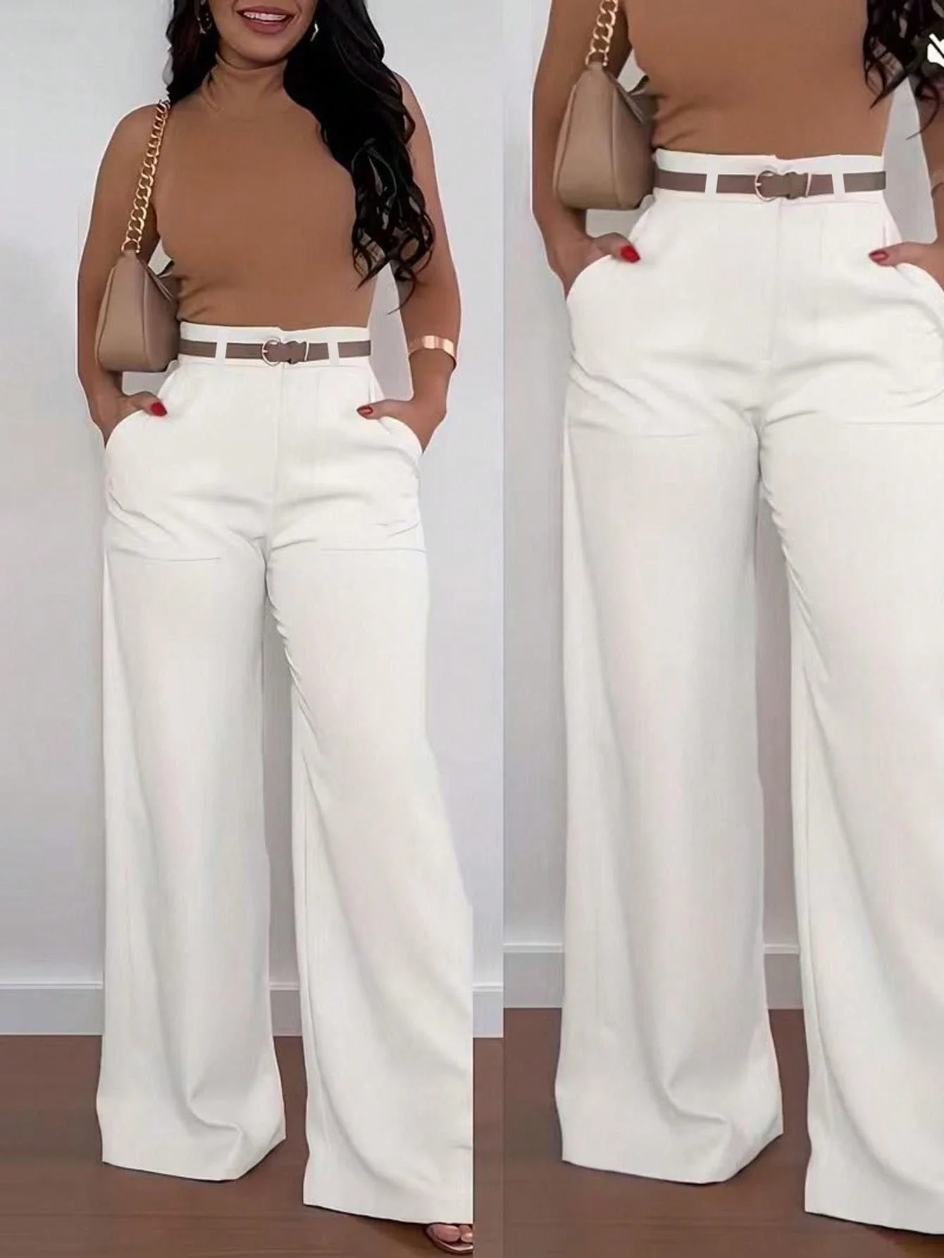 

Женские повседневные брюки с высокой талией и широкими штанинами, белые, весенние