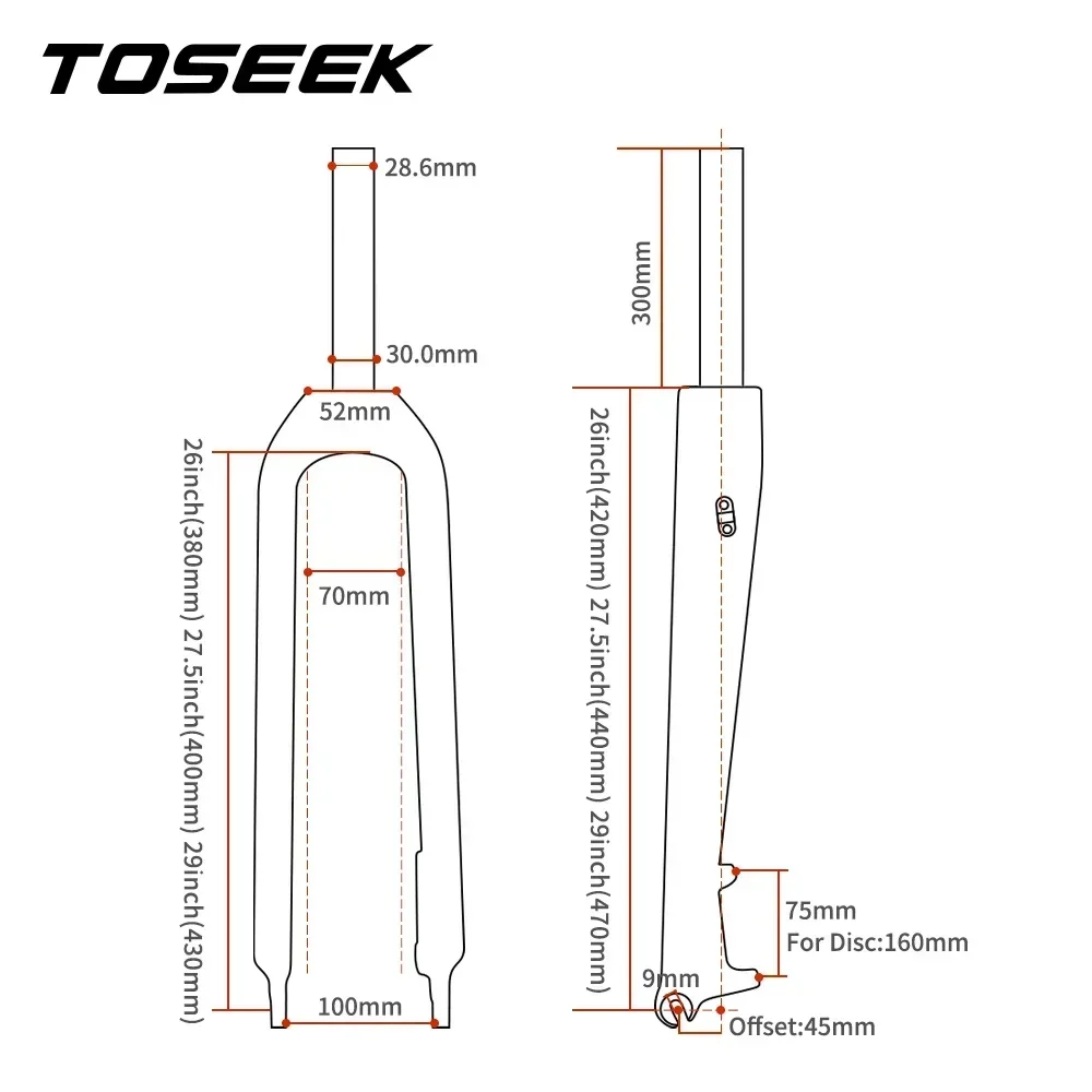 TOSEEK Carbon Fiber Mountain Bike Fork Straight Tube Bike Fork Urltra-light 560g Hard Carbon MTB Front Fork 26/27.5/29inch