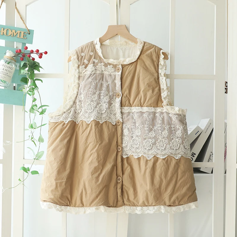 Autumn new Sweet Lace Stitched Outerwear Vest Women Single Breasted Vest Sleevelss Top Y0930-6