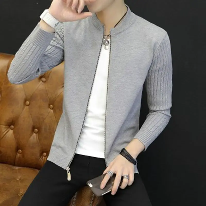 Autumn Winter Fashion Harajuku All Match Knitting Cardigan Men Solid Zipper Tops Loose Casual Outerwear Thick Long Sleeve Jacket