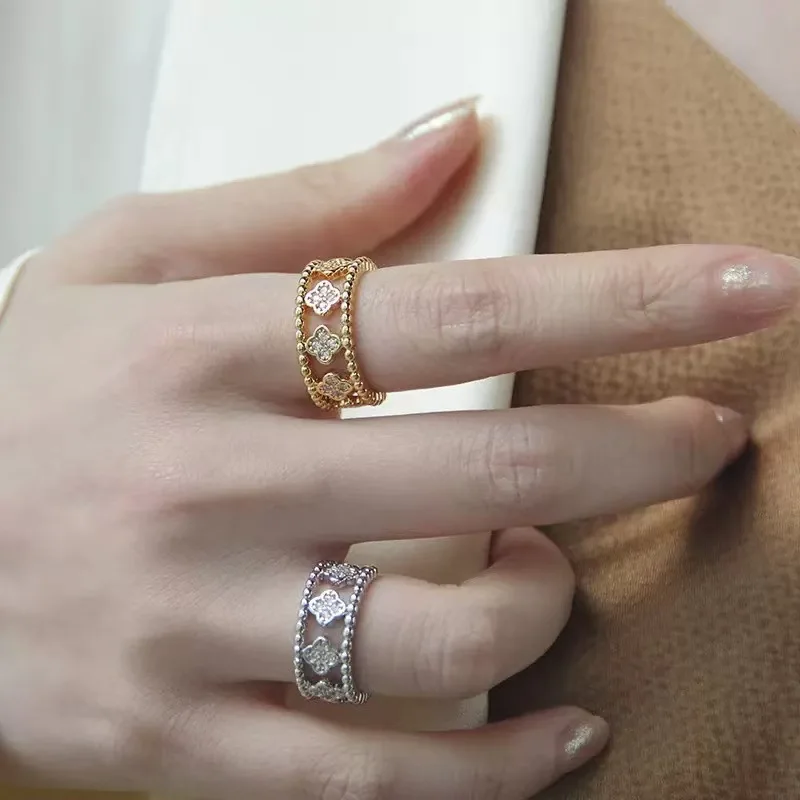 Four-leaf clover diamond-encrusted ring for women, fashionable and elegant, versatile, niche and high-end