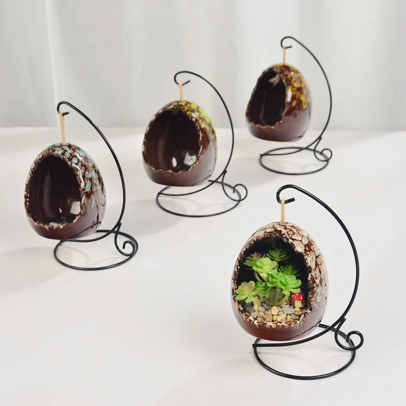 Hanging Basket Egg-shaped Succulent Flower Pot Wrought Iron Hook Dinosaur Egg Ceramic Eggshell Crystal Lamp Base