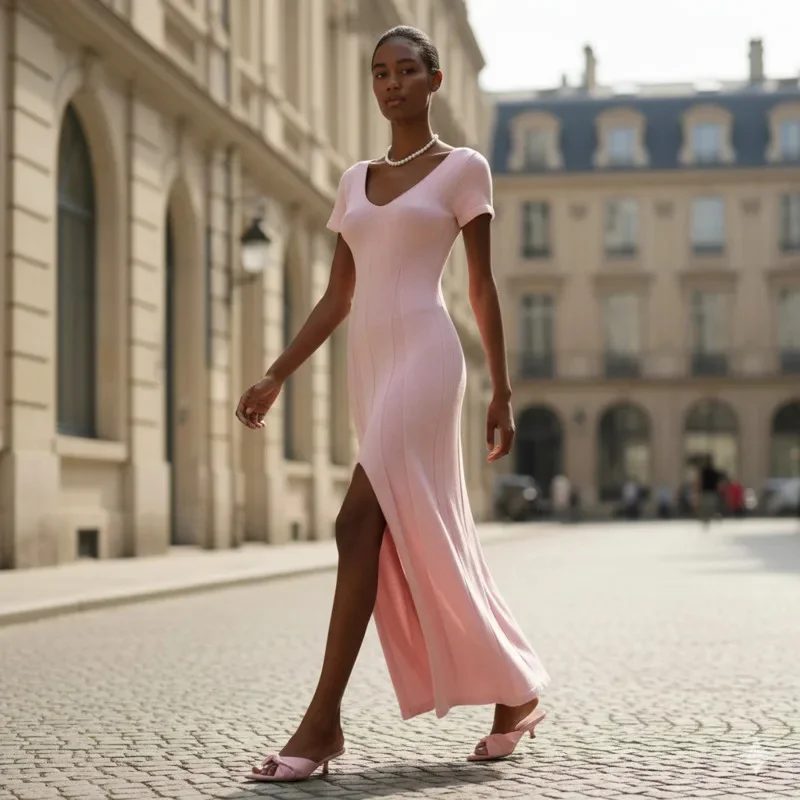 

Short-sleeved knitted dress 2026 spring-summer new V-neck slit long dress slim-fit long dress