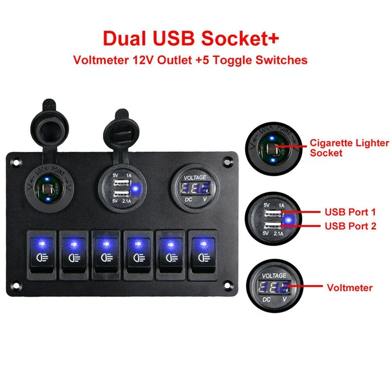 6 Gang Switch Panel With 12V-24V LED Digital Voltmeter Dual USB Charger Lighter Socket For RV Truck Boat SUV