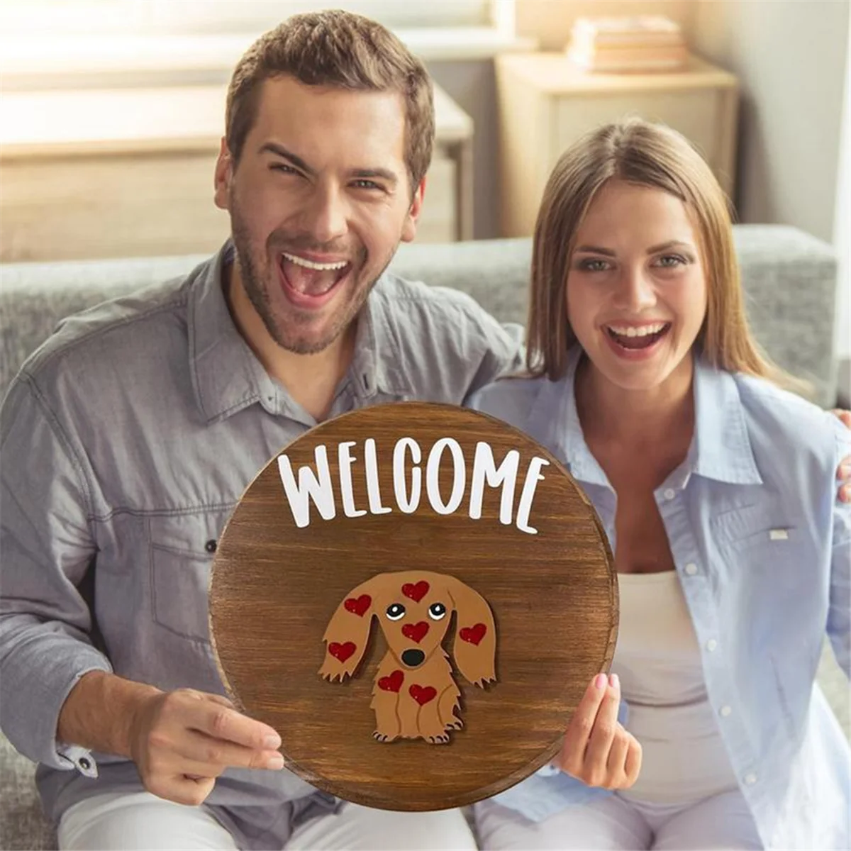 2025+ Dachshund Seasonal Welcome Sign for Front Door Rustic Round Wood Wreaths Sausage Dog Wall Hanging Home Decor