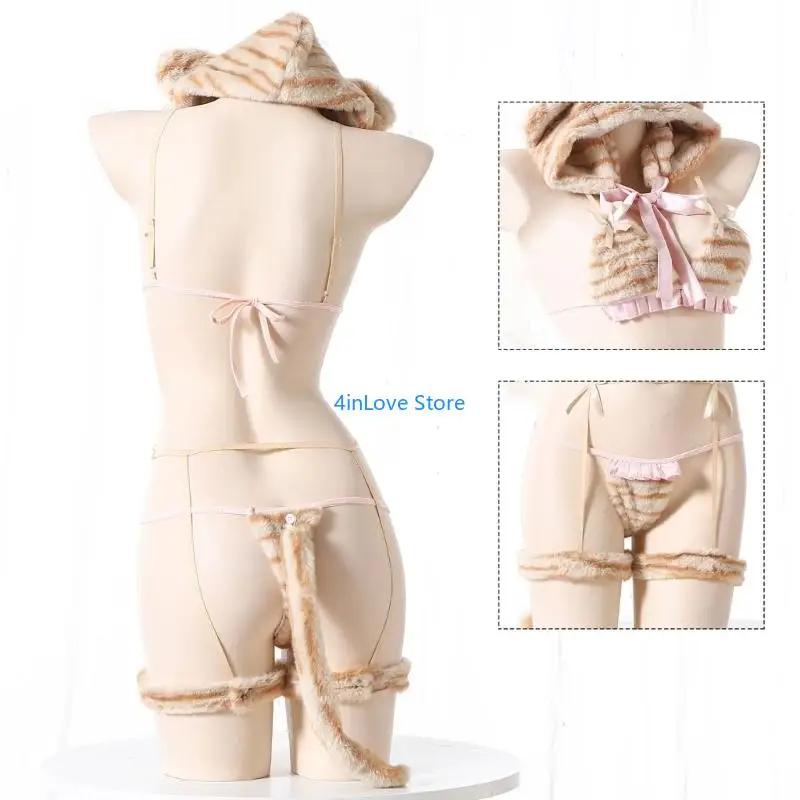 T4MD Ropa interior felpa dibujos animados, conjunto lencería Anime para mujer, disfraz oso, conjunto sujetador