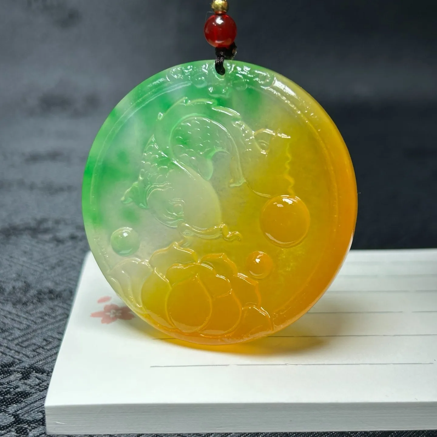 Nature ice green&yellow Burmese Jade Jadeite Carved fish lucky Pendant&Necklaces