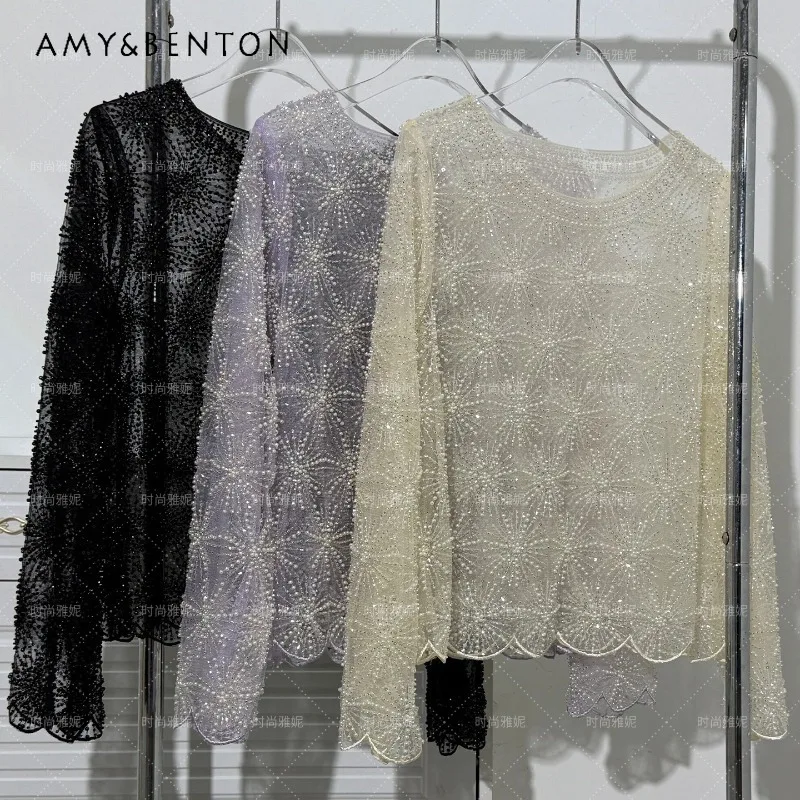 

Luxury Heavy Craft Sequin Lace Shirt Ladies Round Neck Long Sleeves Blouse Loose Pearl Studded All Match O-neck Top Y2k Clothes