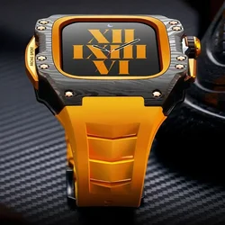 Modified Carbon Fiber Protective waterproof Case with Band strap Black metal bezel for iWatch Apple Watch series 7 8 9 44mm 45mm