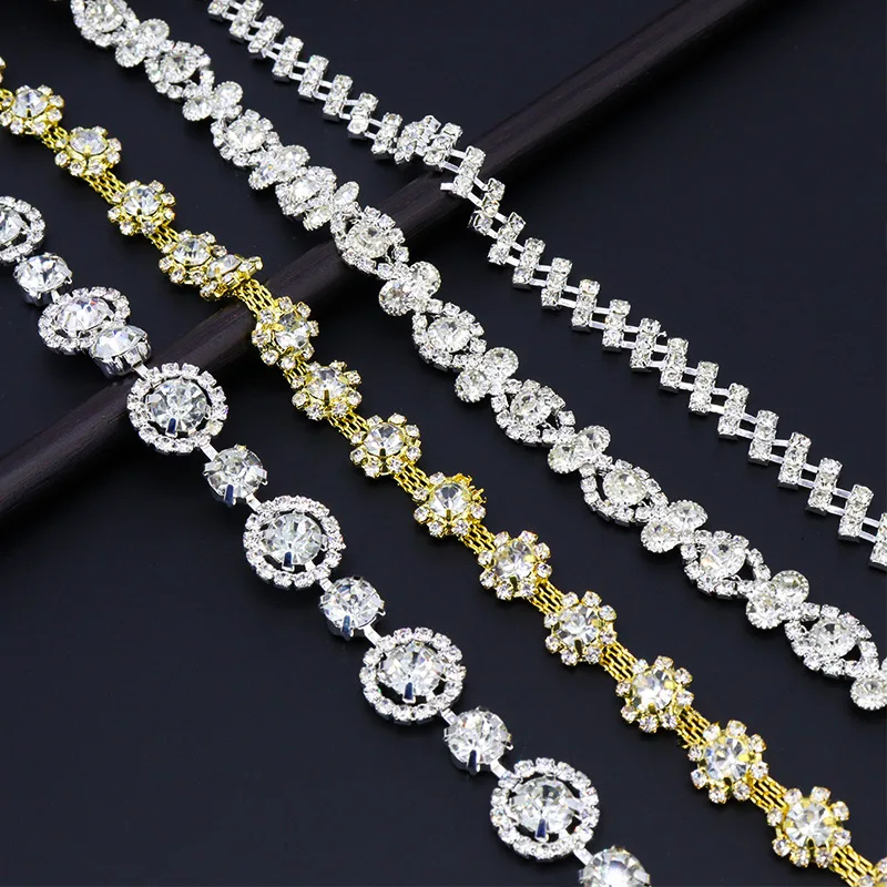 

High-end Circular Glass Flower Stickers Rhinestones Trim Ribbon Crystal Metal Chain for Dress, Bag, Shoes Decoration Accessories