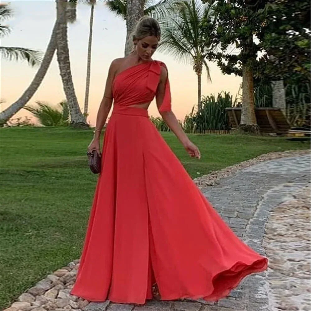 Flowing Chiffon Prom Gown A Line Prom Dresses One Shoulder Red Long Evening Dress Wedding Party Gowns Cut Out Vestido De CL-429