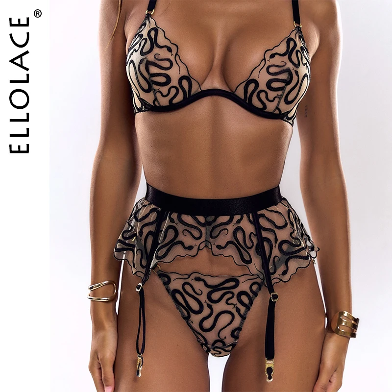 Ellolace Daring Lingerie For Women Exotic Serpent Embroidery Underwear Sheer Lace Seductive Bra Garter Stocking 5-Piece Sets