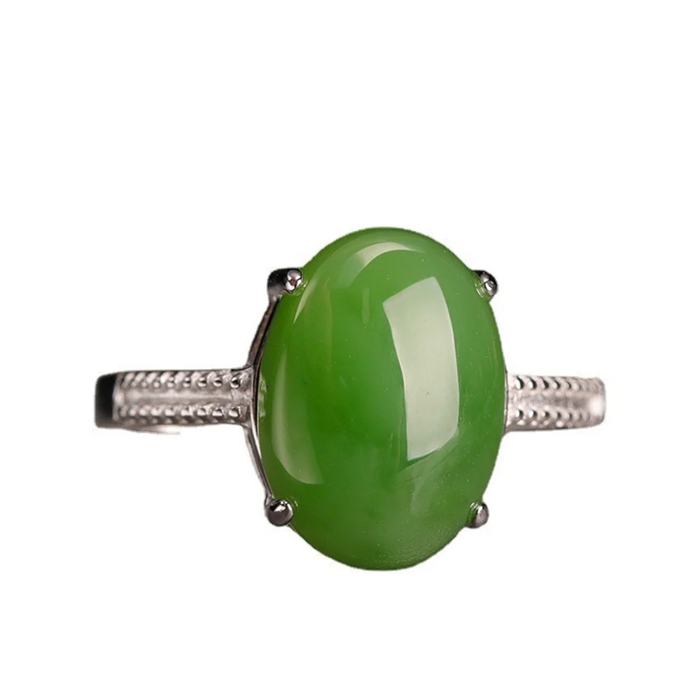 Genuine 925 Silver Jasper Ring Adjustable with Certificate Retro 10x14mm Green HeTian Jade Finger Rings Vintage Gift Jewelry