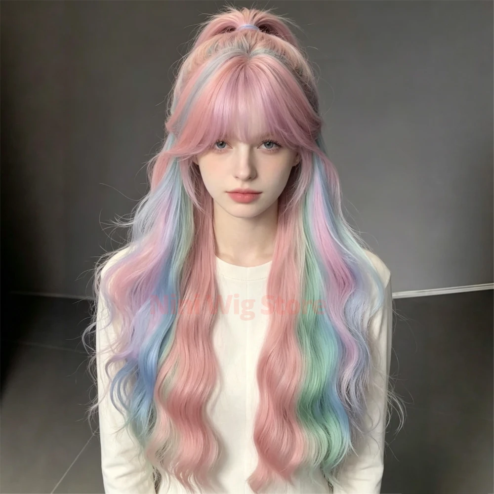 Long Wavy Curly Synthetic Wig With Bangs Natural Heat-resistant Halloween Cosplay Wig Lolita Christmas Party Daily Use for Women