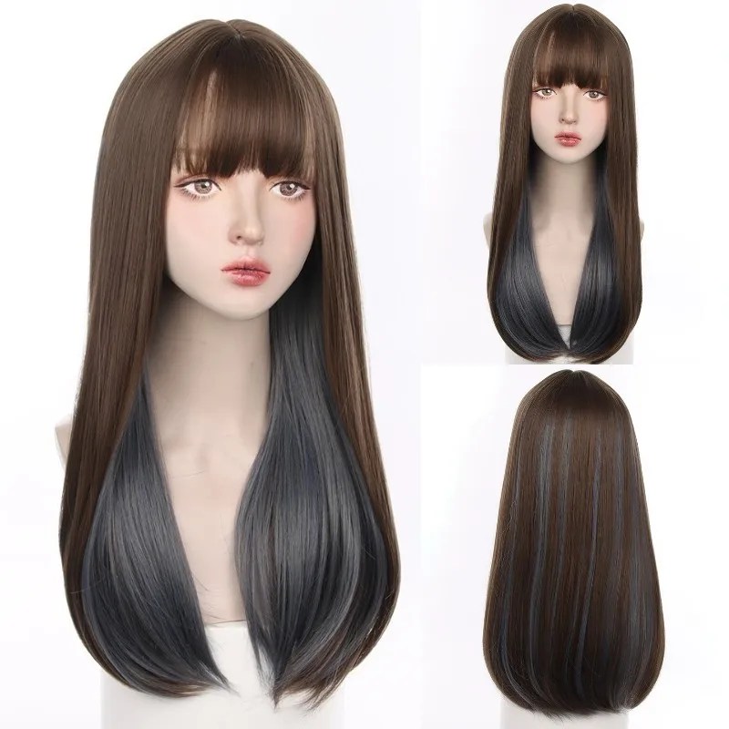 VICWIG Synthetic Long Straight Hair Pink Lolita Wig Highlighting Blue Heat-Resistant Cosplay Wigs With Bangs For Women