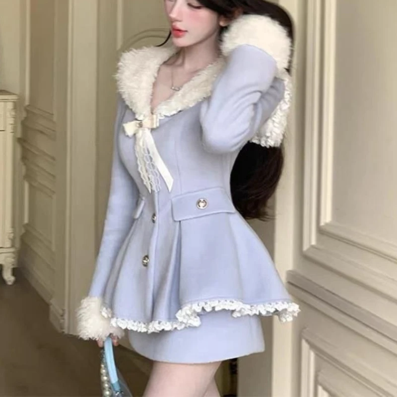 Japanischer Sweet-Lolita-Stil 2-teilige Sets Damen Vintage Plüsch-Schleifen-Wollmäntel Kawaii Blaue Miniröcke Koreanische Harajuku Y2k Anzüge