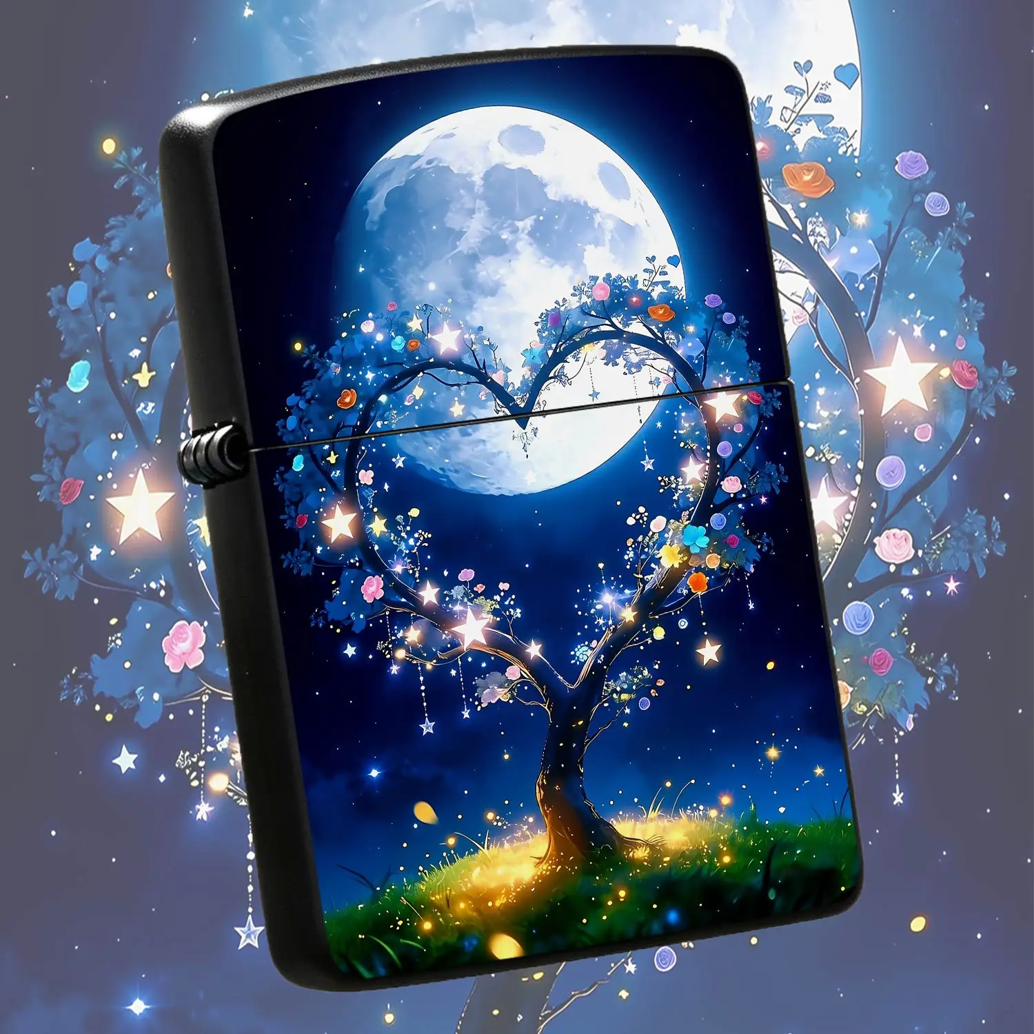 Dreamy Moonlit Heart Shaped Tree Pattern Portable Lighter, Romantic Starry Sky Full Print Exquisite Decor, Vibe Artistic Gift, Suitable For Various Daily Scenarios, Durable For Personal Use Or Present, Creative Fantasy S A Humorous And Inte