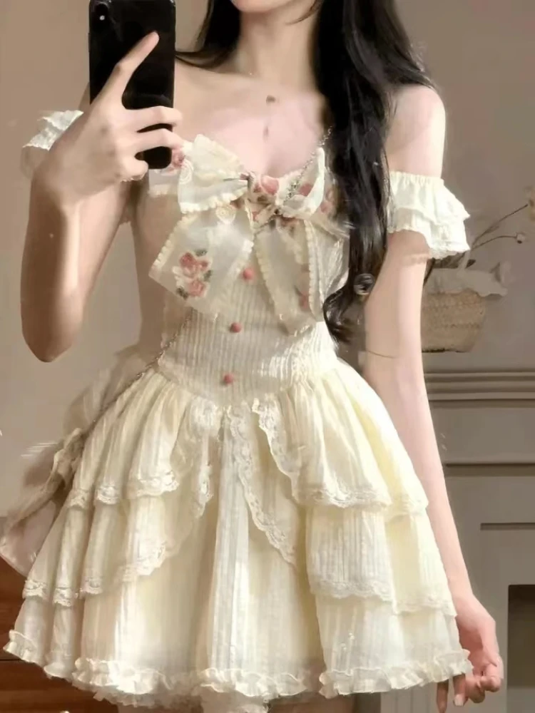 Sweet Kawaii Vintage Y2k Mini Fluffy Cake Dress Women Casual Lolita Lace Floral Bow Short Sleeve Dress Summer Evening Party Chic