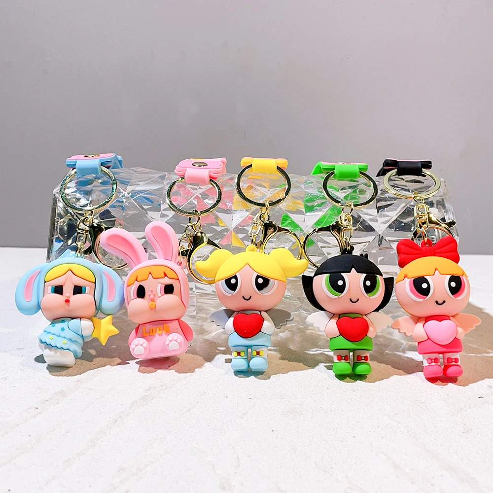 Anime Cartoon The Powerpuff Girls Keychain Cute Super Policewoman Keyring Couple School Bag Car Key Pendant Small Gift