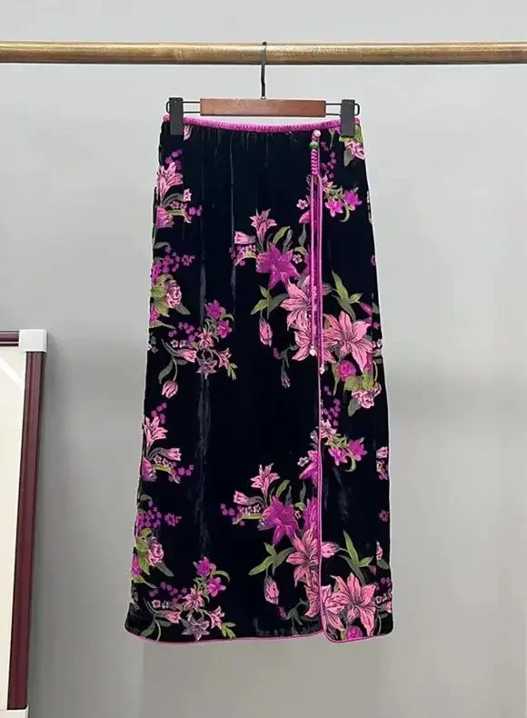 高級ローズレッドフラワーベルベットスカートサイドスリットミッドレングススキニーブラックスカート中国風デザイナードレスフォーマルエレガントな女性