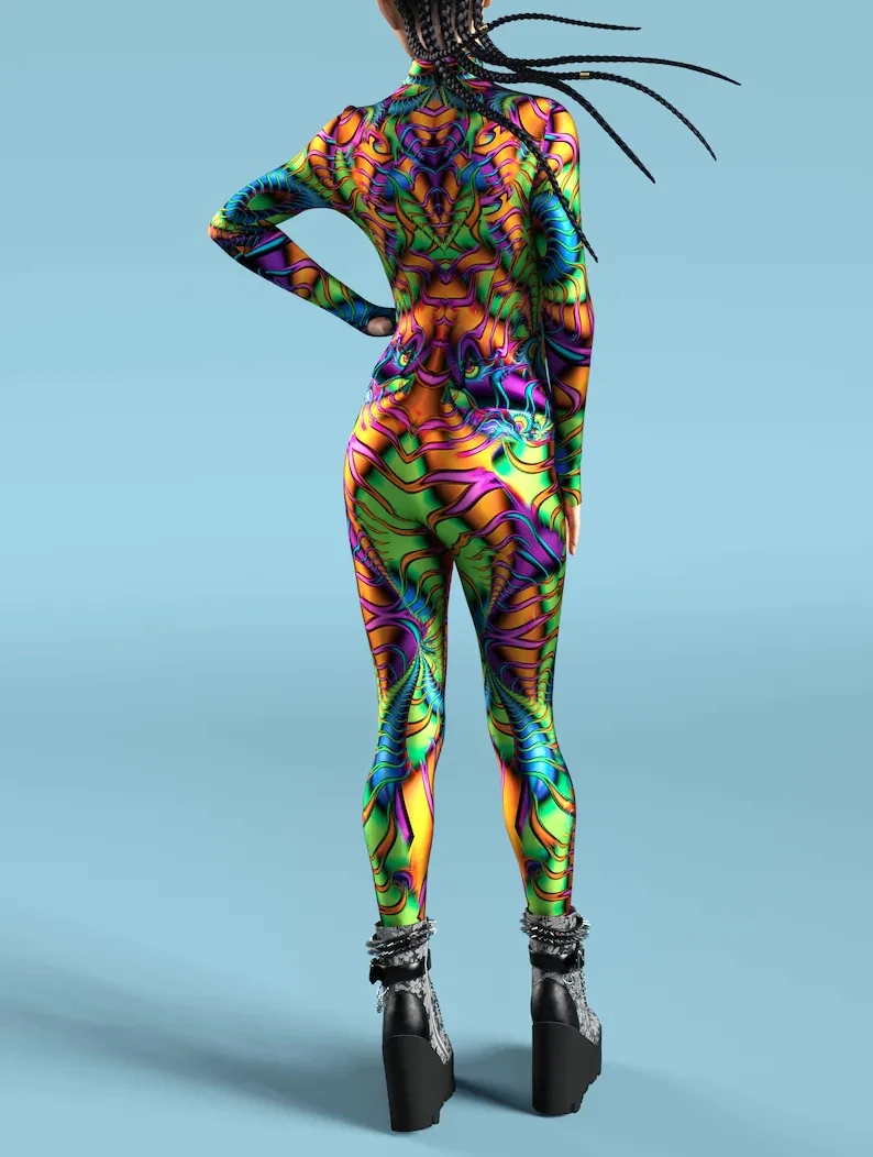 Mehrfarbiger Totenkopf-Print-Kostüm, Damen-Body mit Reißverschluss vorne, Halloween-Party, Karneval, Festival, Bühnenauftritt, Catsuit-Kostüm – Detail 11
