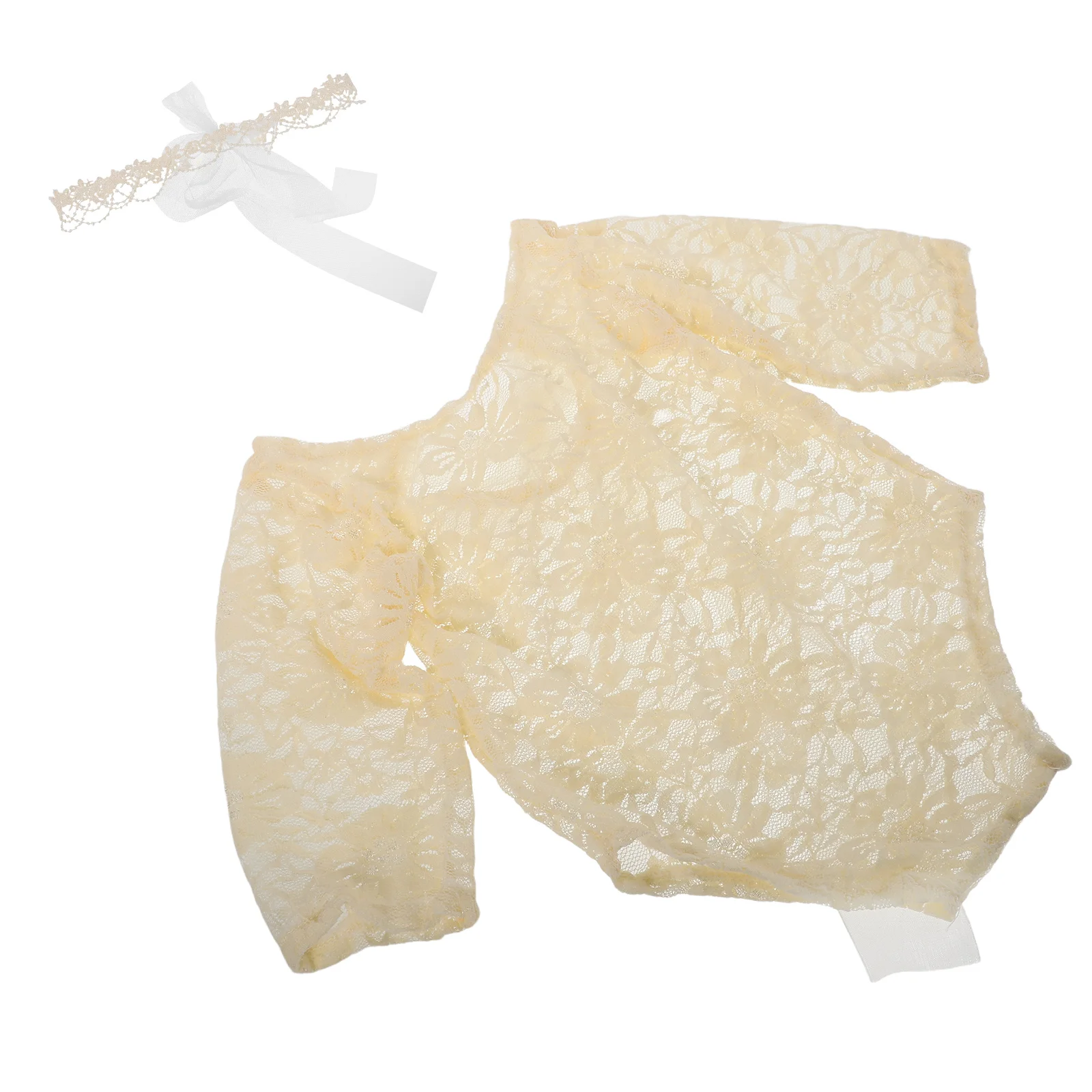 

Elegant Lace Baby Girl Photography Outfit Set Newborn Milestone Shoot Soft Romper Wheat Bow Headband Props Polyester for Infant