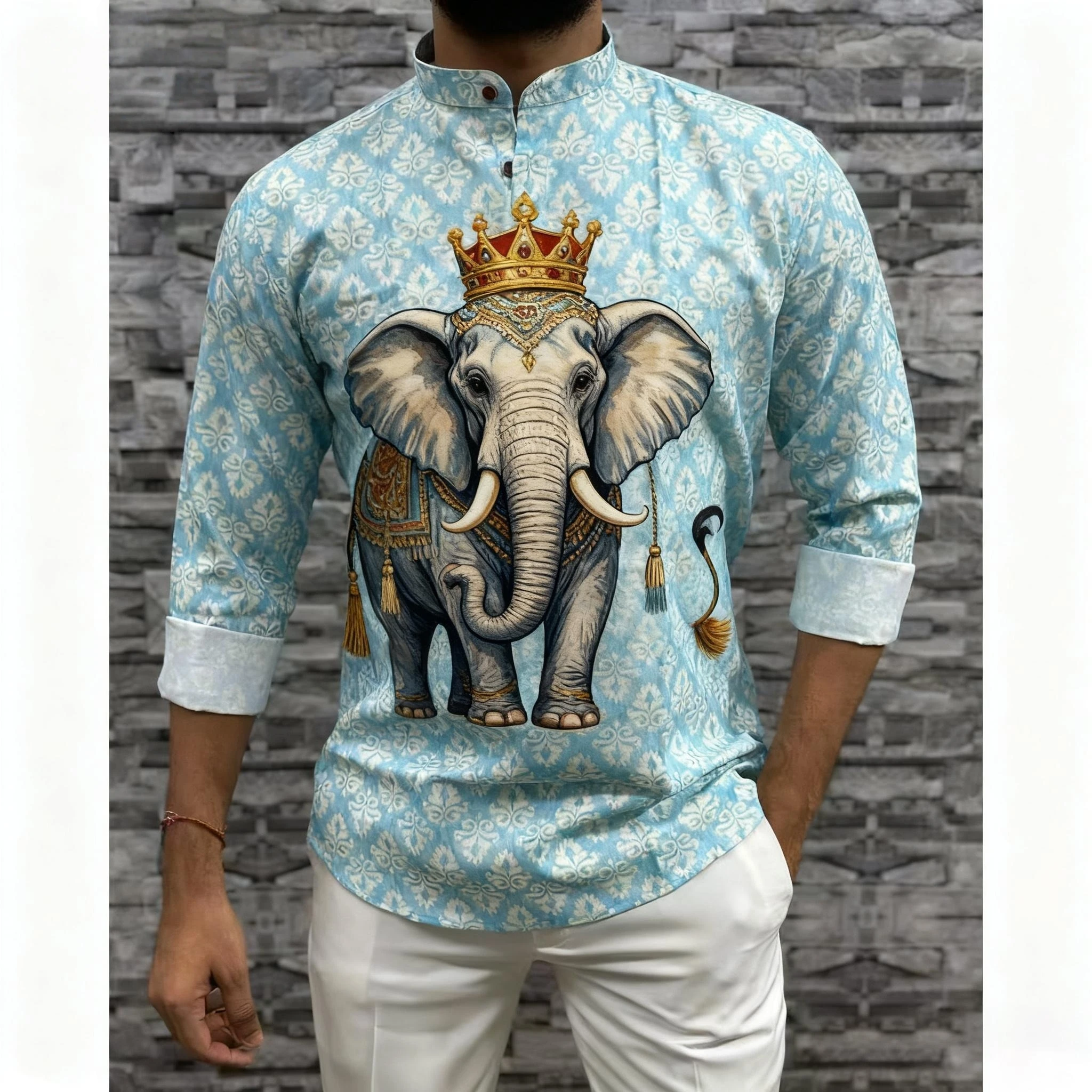 الرجال مسلم بسيط عارضة قميص العرقية الطباعة نمط طويل الأكمام قميص الوقوف طوق البرق رقيقة بلوزة النمط الوطني