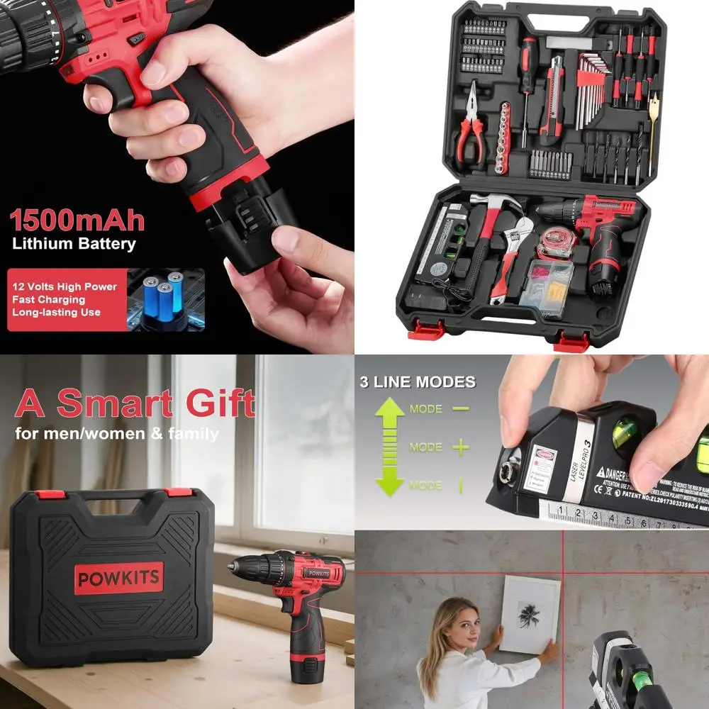 

Аккумуляторная дрель-шуруповерт 12В с лазерным уровнем, аккумулятором, зарядным устройством и набором инструментов из 142 предметов для домашнего ремонта, красная