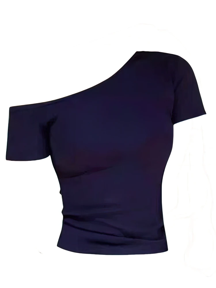 Sommerliches Off-Shoulder-Top für Damen, schmal geschnitten, kurzärmeliges T-Shirt, One-Shoulder-Oberteil, sexy Basic-T-Shirt, koreanischer Chic – Detail 1