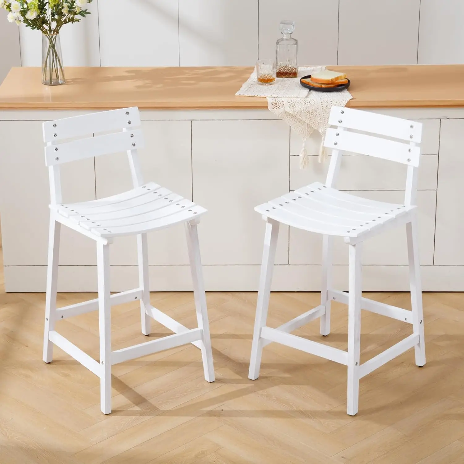 Guyou 26"" White Wood Counter Height Bar Stools Set Of 2, Farmhouse Counter Stools With Ladder Back, Armless Solid Wood Kitchen