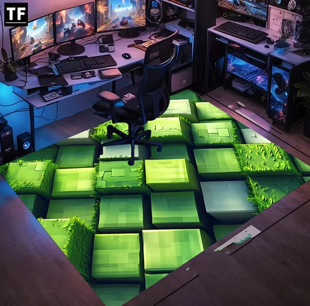 Green Pixel Grid Carpet Cartoon Printed Floor Mat, Large Game Carpet Carpet Suitable Gamer Bedroom Living Room Sports Carpet